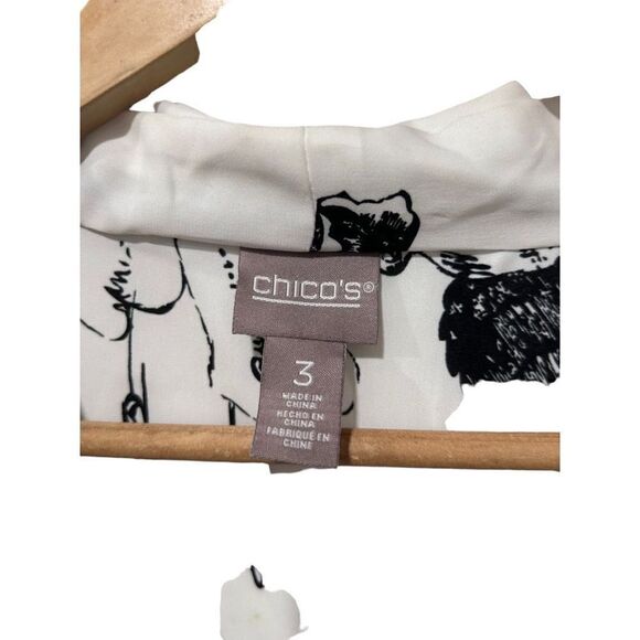 Chico's Bloom Floral Sketch Scarf Layered Blouse Black White Size Large - Picture 3 of 12